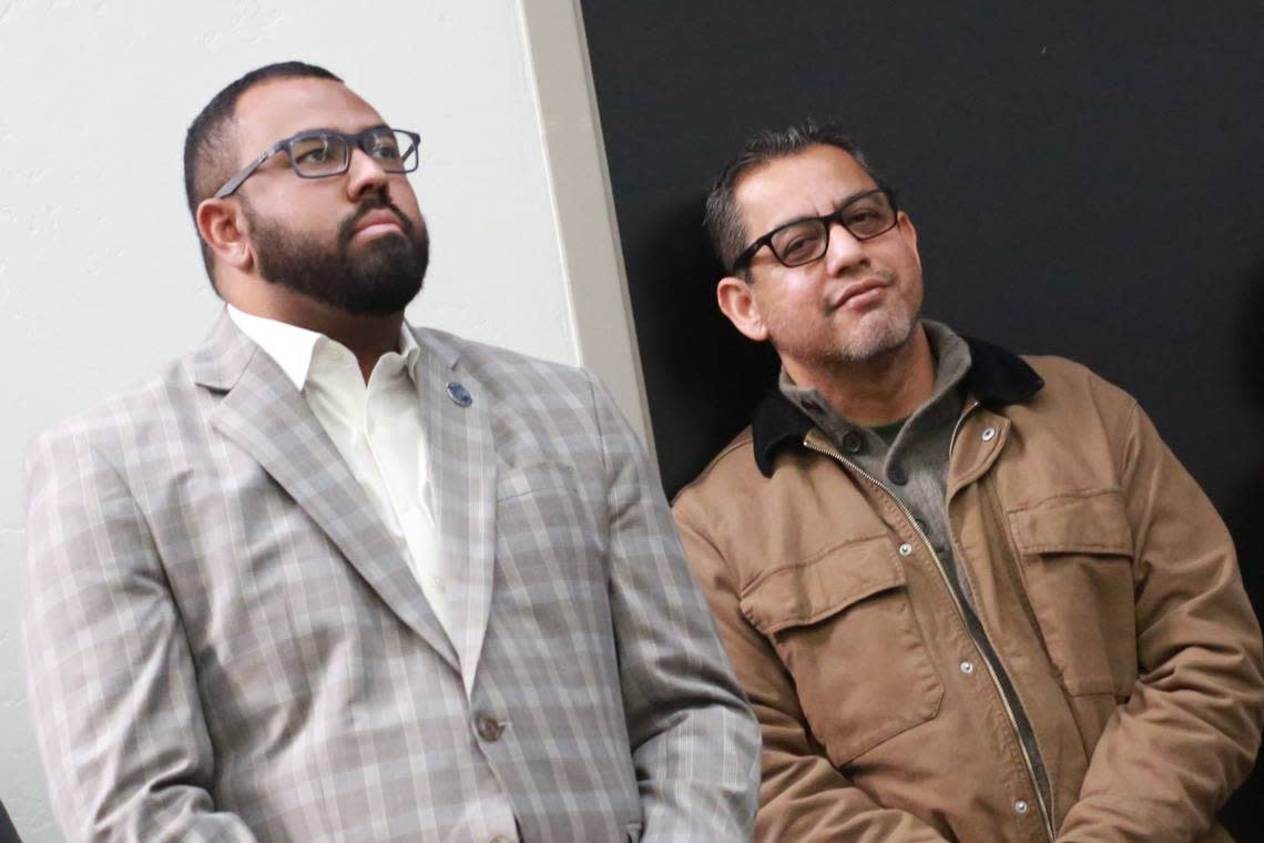 Among those in the audience were Fresno City Council members Miguel Arias (right) and Nelson Esparza (left) that came to show support for Tulare County Supervisor Eddie Valero during his swear-in ceremony.