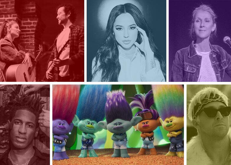 Six photos of performers featured in this year's best original song contenders playlist (w/ color screens over the pictures)