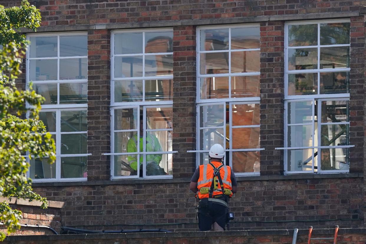 Remedial work being carried out at Mayflower Primary School in Leicester, which has been affected with sub standard reinforced autoclaved aerated concrete (Raac). Picture date: Monday September 4, 2023. (Photo by Jacob King/PA Images via Getty Images)