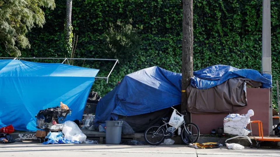 PHOTO: A homeless encampment lines a street in Los Angeles, March 22, 2024. (Caroline Brehman/EPA via Shutterstock, FILE)