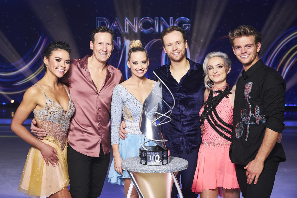 Dancing On Ice 2022 finalists Vanessa Bauer and Brendan Cole, Kimberly Wyatt and Mark Hanretty and Karina Manta and Regan Gascoigne. (ITV)