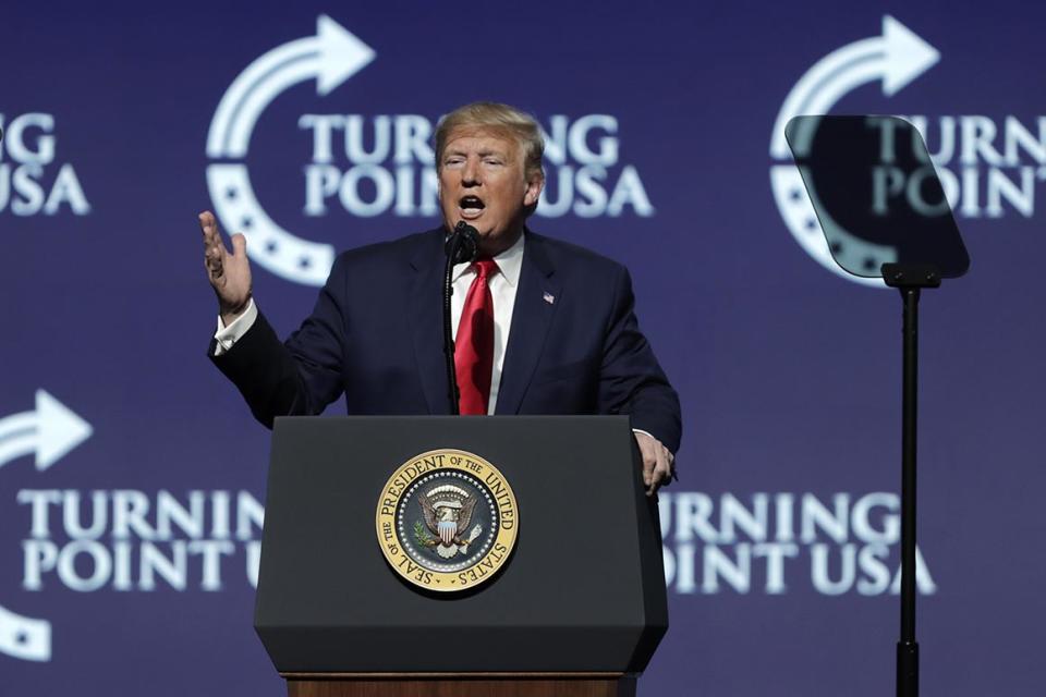 President Donald Trump speaks at the Turning Point USA Student Action Summit at the Palm Beach County Convention Center, Saturday, Dec. 21, 2019, in West Palm Beach, Fla. (AP Photo/Luis M. Alvarez)
