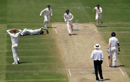 Australia's players celebrate the wicket of India's Ajinkya Rahane. REUTERS/Danish Siddiqui