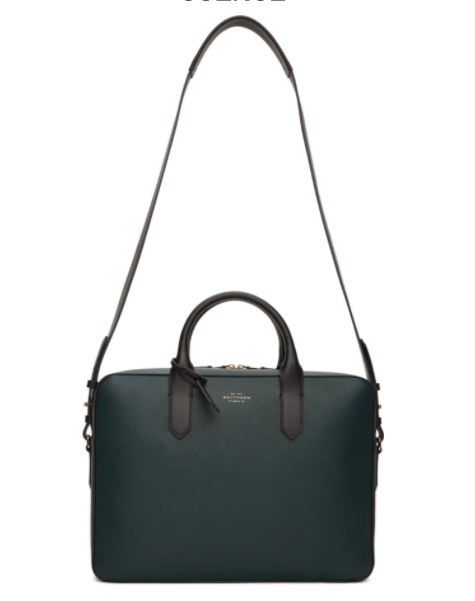 Smythson Green Leather Slim Panama Briefcase, 34% off. US$855 (was USD$1294.70). PHOTO: Ssense