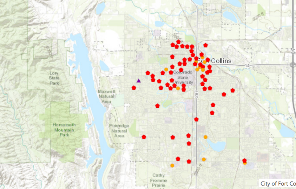 This is a map of small cell sites in Fort Collins. Small cell sites add wireless capacity to areas where cell service demand exceeds coverage from large or "macro" cell sites. Red markers indicate locations where the city has issued a permit. Orange markers are permits under review; purple markers are locations under review.