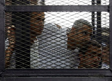 Peter Greste, Mohamed Fahmy and Baher Mohamed (L to R), listen to the ruling at a court in Cairo June 23, 2014 file photo. REUTERS/Asmaa Waguih