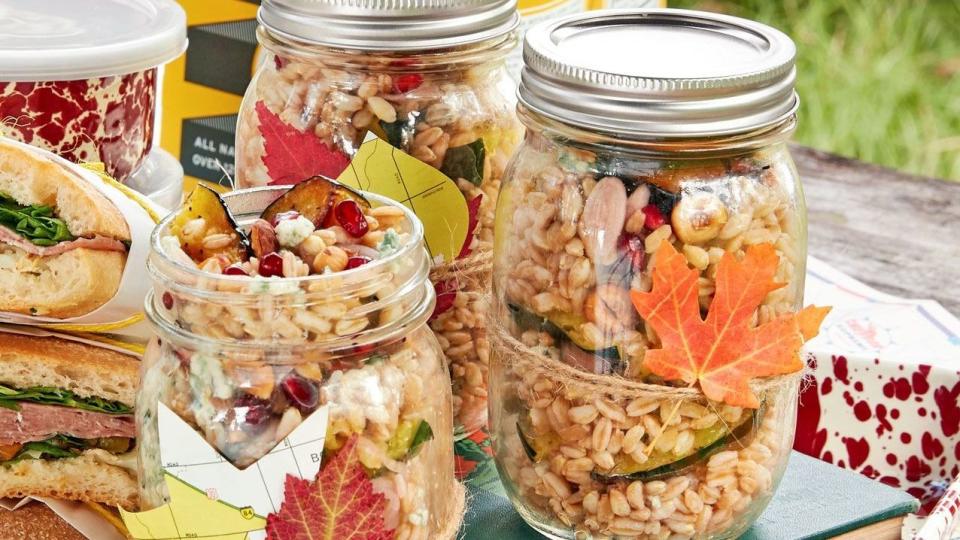 fall recipes farro and acorn squash salad in mason jars