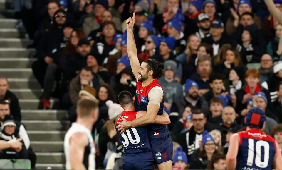 MELBOURNE, AUSTRALIA - JUNE 12: Alex Neal-Bullen (left) and Brodie Grundy of the Demons celebrate during the 2023 AFL Round 13 match between the Melbourne Demons and the Collingwood Magpies at the Melbourne Cricket Ground on June 12, 2023 in Melbourne, Australia. (Photo by Michael Willson/AFL Photos via Getty Images)