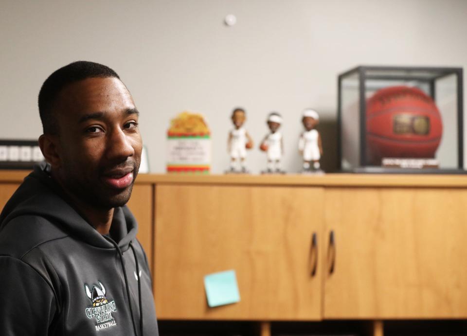 Dru Joyce III, now a coach at Duquesne, poses for a photo in his office when he coached at Cleveland State, Friday, Feb. 21, 2020.