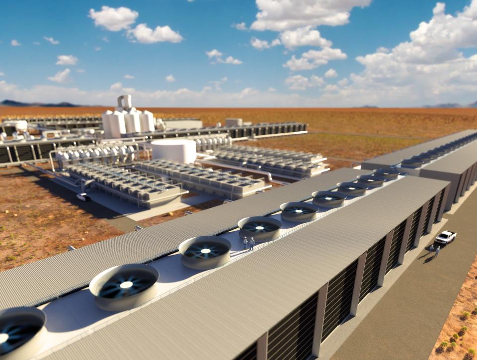 An artist rendering of Carbon Engineering's planned direct-air capture plant in Texas, scheduled to begin operating in 2024.<span class="copyright">Courtesy of Carbon Engineering Ltd.</span>