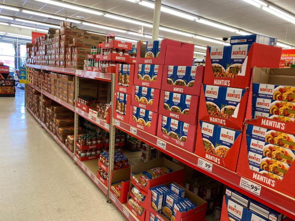 shelves at save a lot filled with boxes and prodcuts