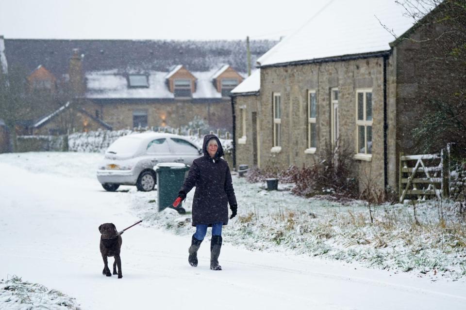 A woman walks her dog through the snow at Slayley,  Northumberland, on December 26, 2021 (PA)