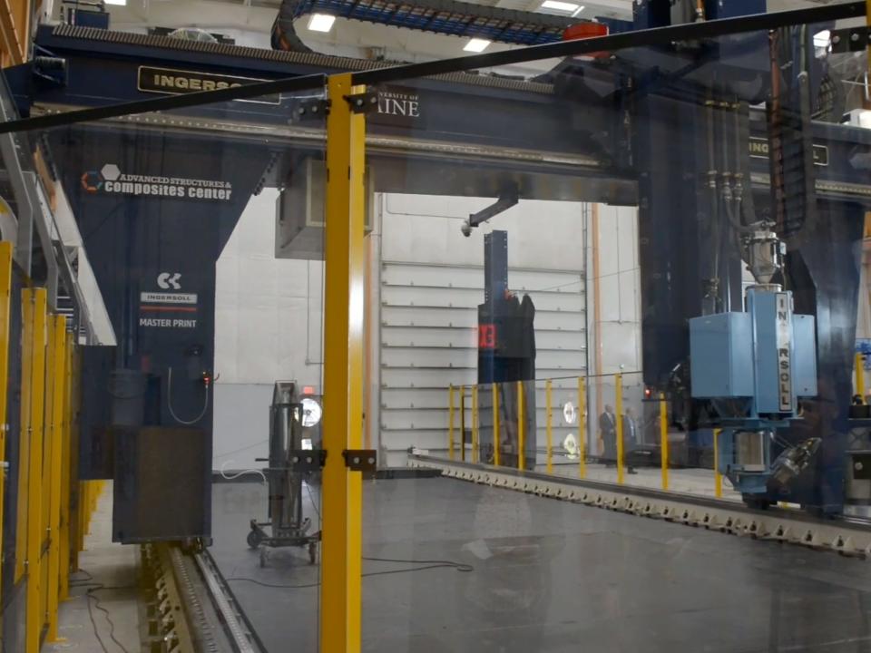 University of Maine Advanced Structures & Composites Center's polymer 3D printer in the manufacturing facility.