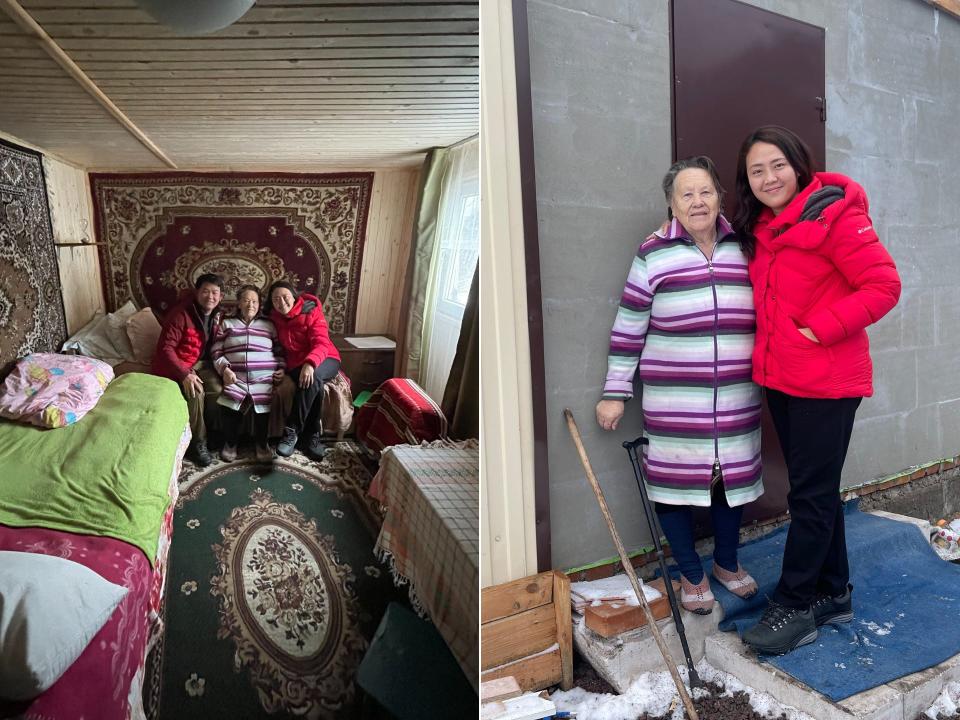 Lam and Taslim visit an elderly beneficiary in one of their container homes.