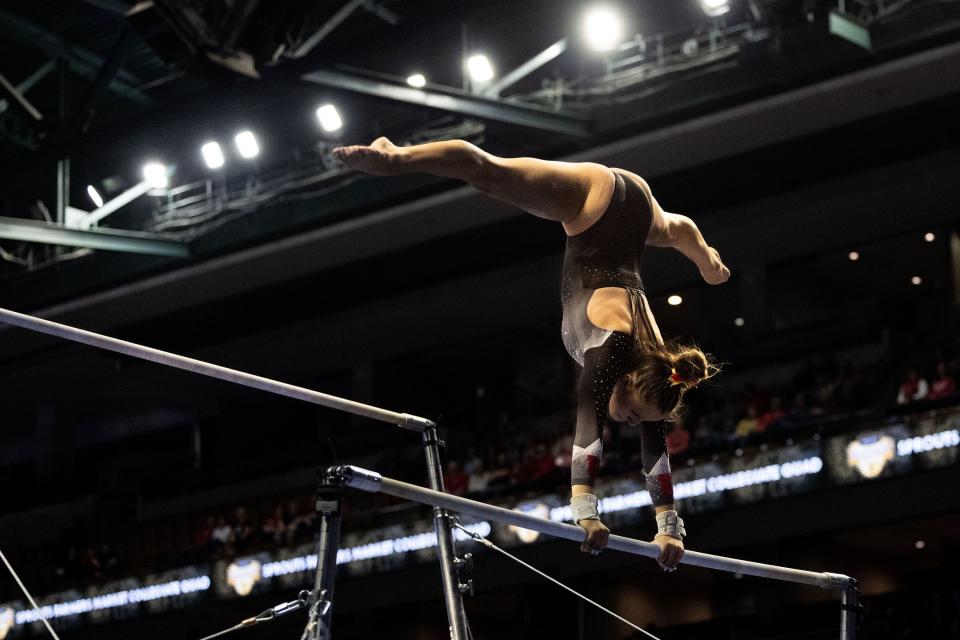 Utah Utes Ella Zirbes competes on the bars during the Sprouts Farmers Market Collegiate Quads at Maverik Center in West Valley on Saturday, Jan. 13, 2024. #1 Oklahoma, #2 Utah, #5 LSU, and #12 UCLA competed in the meet. | Megan Nielsen, Deseret News