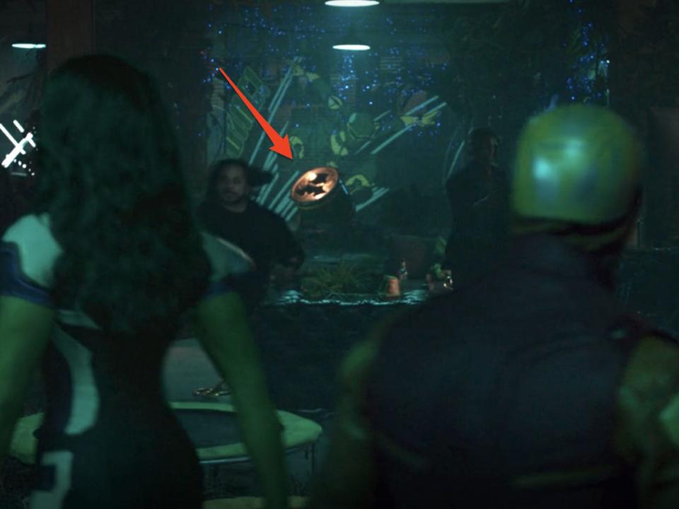 She-Hulk and Daredevil walking through the Lily Pad base with the Leap-Frog Signal in the background