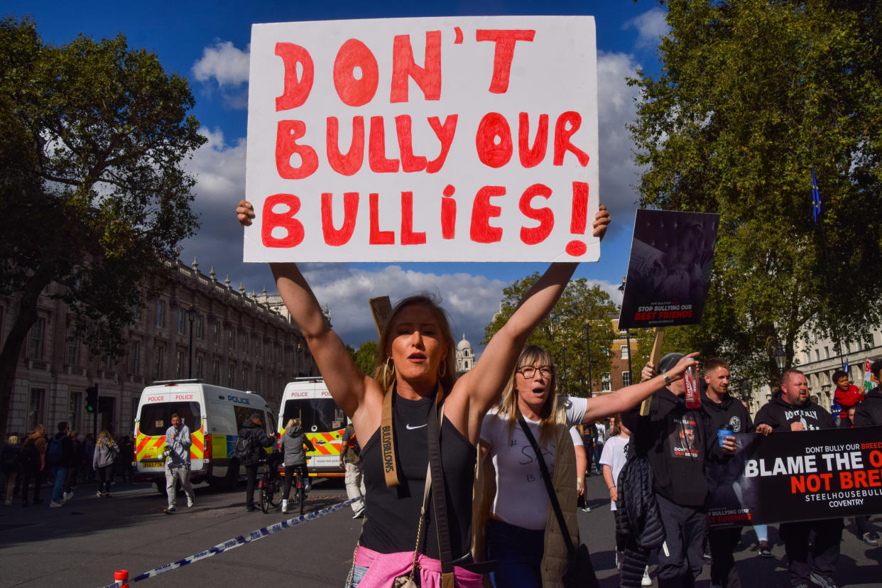 LONDON, UNITED KINGDOM - 2023/09/23: A protester holds a placard which states 'Don't bully our bullies' during the demonstration in Whitehall. Dog owners and supporters marched in Westminster in protest against the American Bully XL ban. The breed of dog is set to be banned in the UK following a series of attacks on people. (Photo by Vuk Valcic/SOPA Images/LightRocket via Getty Images)