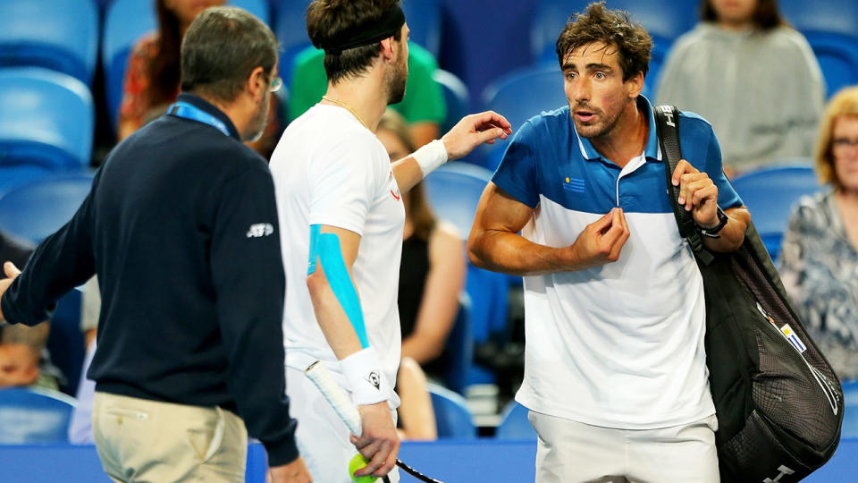Pablo Cuevas, pictured here arguing with officials at the ATP Cup,