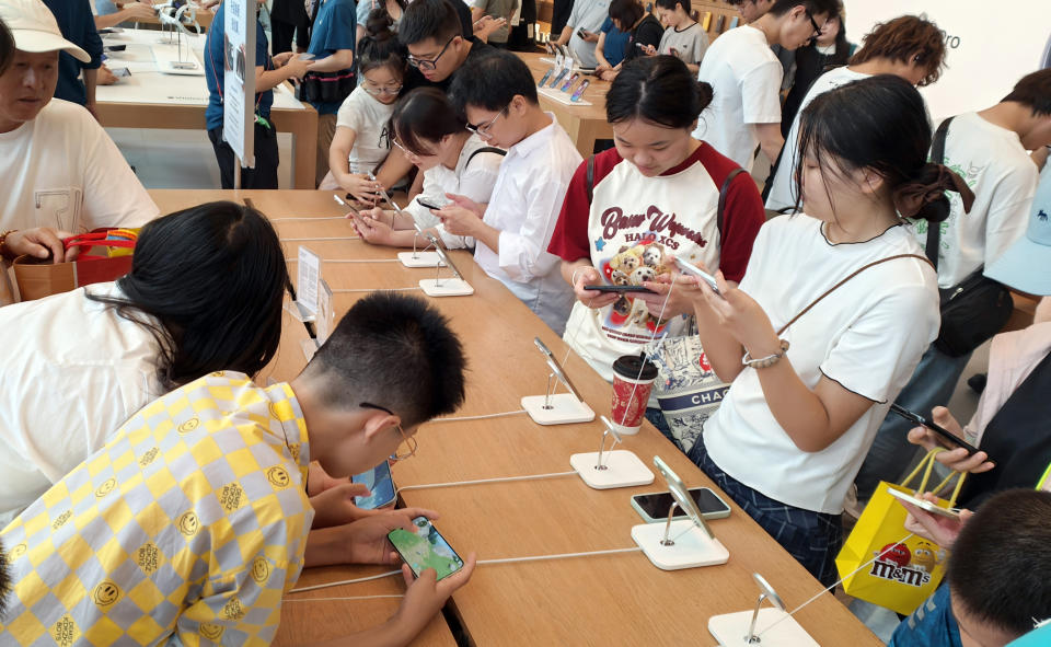 SHANGHAI, CHINA - AUGUST 22, 2024 - An iPhone15 promotion is held at Apple's flagship store on Nanjing Road in preparation for the launch of the iPhone16 in Shanghai, China, August 22, 2024. (Photo credit should read CFOTO/Future Publishing via Getty Images)