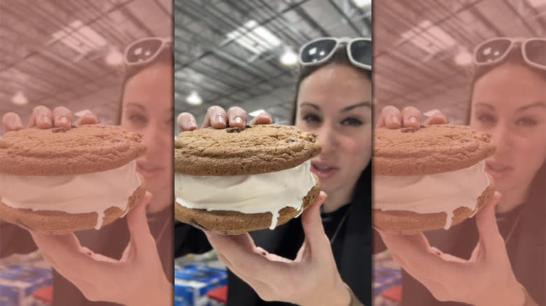 Woman holding costco cookie ice cream sandwich