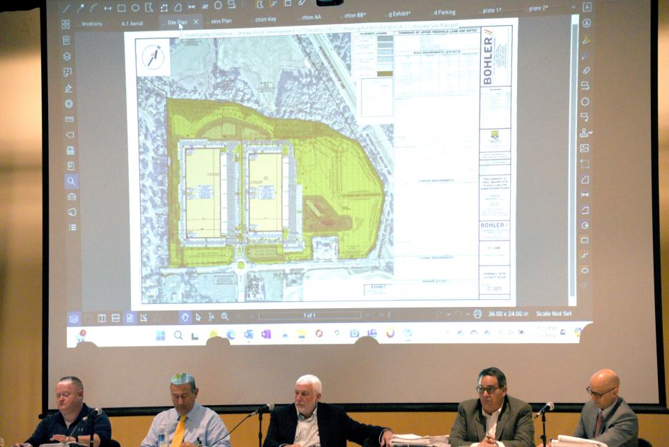 The Upper Freehold planning board members listen to plans for two warehouses at the boundary with Allentown on Tuesday, February 27, 2024 at Stone Bridge Middle School in Upper Freehold, New Jersey.