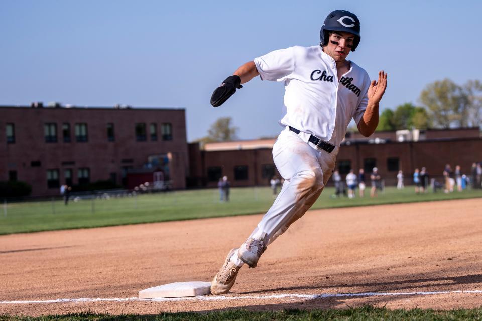 C #27 Trent Jenks runs past third. Chatham varsity baseball hosts Delbarton in an NJAC-American contest on Friday, April 21, 2023.