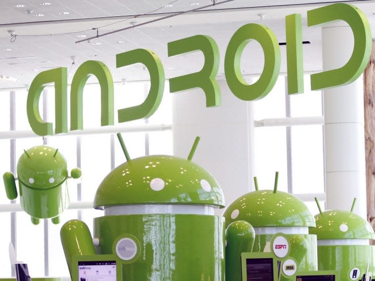 Android mascots are lined up in the demonstration area at the Google I/O Developers Conference in the Moscone Center in San Francisco, California, in this May 10, 2011 file photo. REUTERS/Beck Diefenbach  