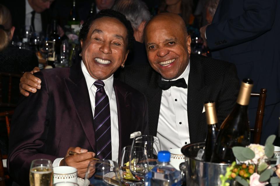 Smokey Robinson and Berry Gordy attend the gala honoring them as MusiCares Persons of the Year at the Los Angeles Convention Center on Friday, Feb. 3, 2023.