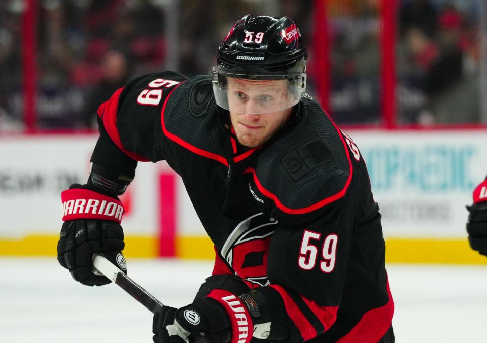 Mar 24, 2024; Raleigh, North Carolina, USA; Carolina Hurricanes left wing Jake Guentzel (59) skates against the Toronto Maple Leafs during the first period at PNC Arena.