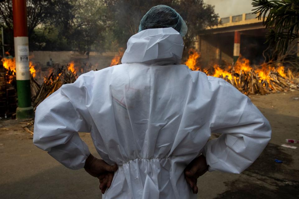 COVID-19 victims at a crematorium ground in New Delhi