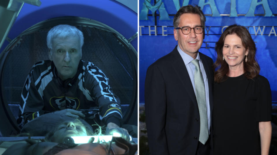 Left: James Cameron on the set of “Avatar: The Way of Water”; right: Rick Jaffa and Amanda Silver at the Los Angeles premiere of “The Way of Water.”