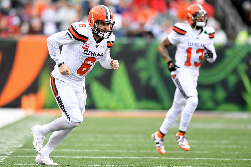 Quarterback Baker Mayfield #6 and wide receiver Odell Beckham Jr. #13 of the Cleveland Browns 