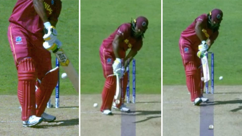 Chris Gayle was given out three times, successfully reviewing two of the dismissals. Pic: ICC