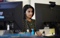 Teacher Juliana Urtubey works in her office at Kermit R Booker Sr Elementary School Wednesday, May 5, 2021, in Las Vegas. Urtubey is the the 2021 National Teacher of the Year. (AP Photo/John Locher)