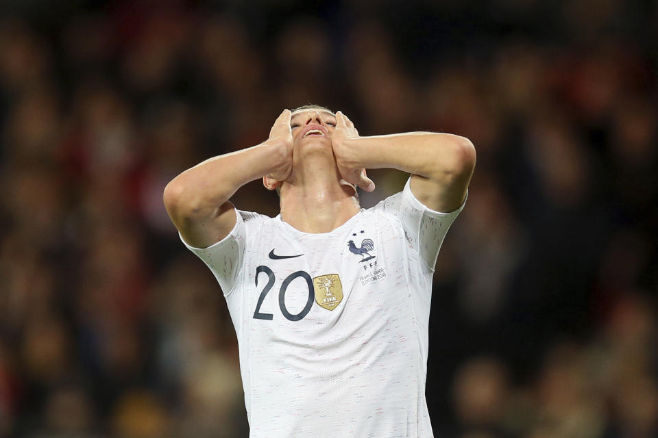 France's Florian Thauvin reacts after missing a chance to score during a friendly soccer match between France and Iceland, in Guingamp, western France, Thursday, Oct. 11, 2018. (AP Photo/David Vincent)