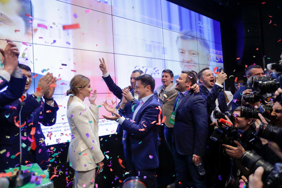 Zelenska celebrates her husband’s election victory in 2019<span class="copyright">Sergei Grits—AP</span>
