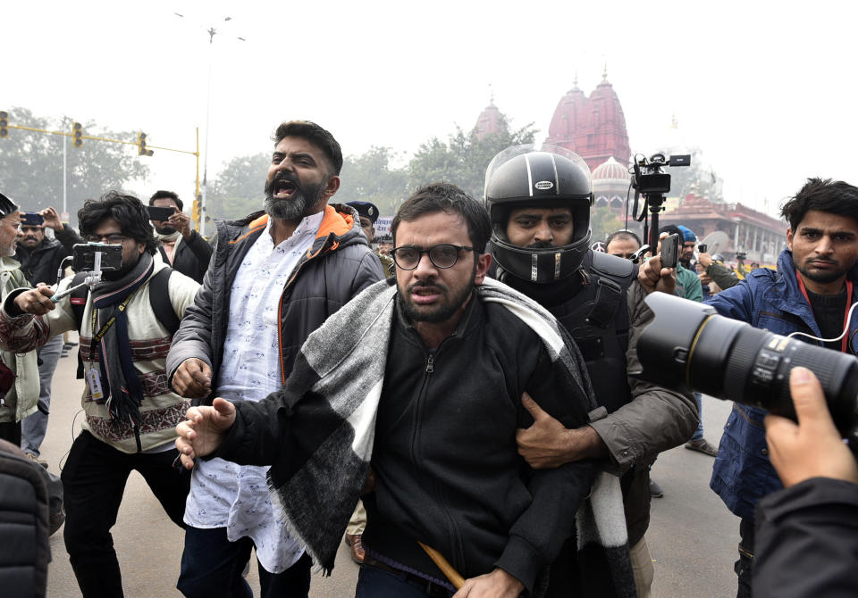 Umar Khalid is detained while protesting against the Citizenship Amendment Act and National Register of Citizens at Red Fort on December 19, 2019 in New Delhi. (Photo by Biplov Bhuyan/Hindustan Times via Getty Images)