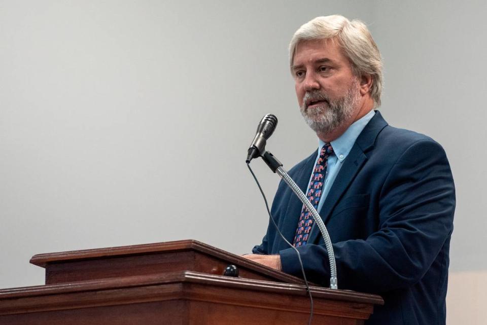 Charles “Chuck” Clark, a candidate for supervisor district 3 in Hancock County, speaks during an election forum at American Legion in Waveland on Monday, July 10, 2023.