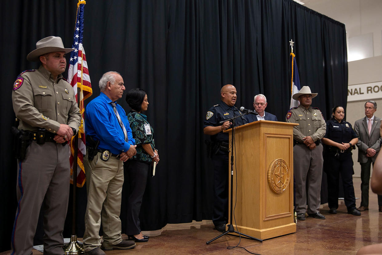 May 24, 2022; Uvalde, TX, USA; Uvalde school police chief Pete Arredondo speaks at a press conference following the shooting at