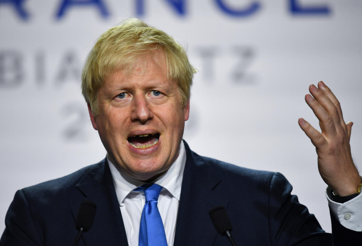 Britain's Prime Minister Boris Johnson speaks during a news conference at the end of the G7 summit in Biarritz, France, August 26, 2019. REUTERS/Dylan Martinez