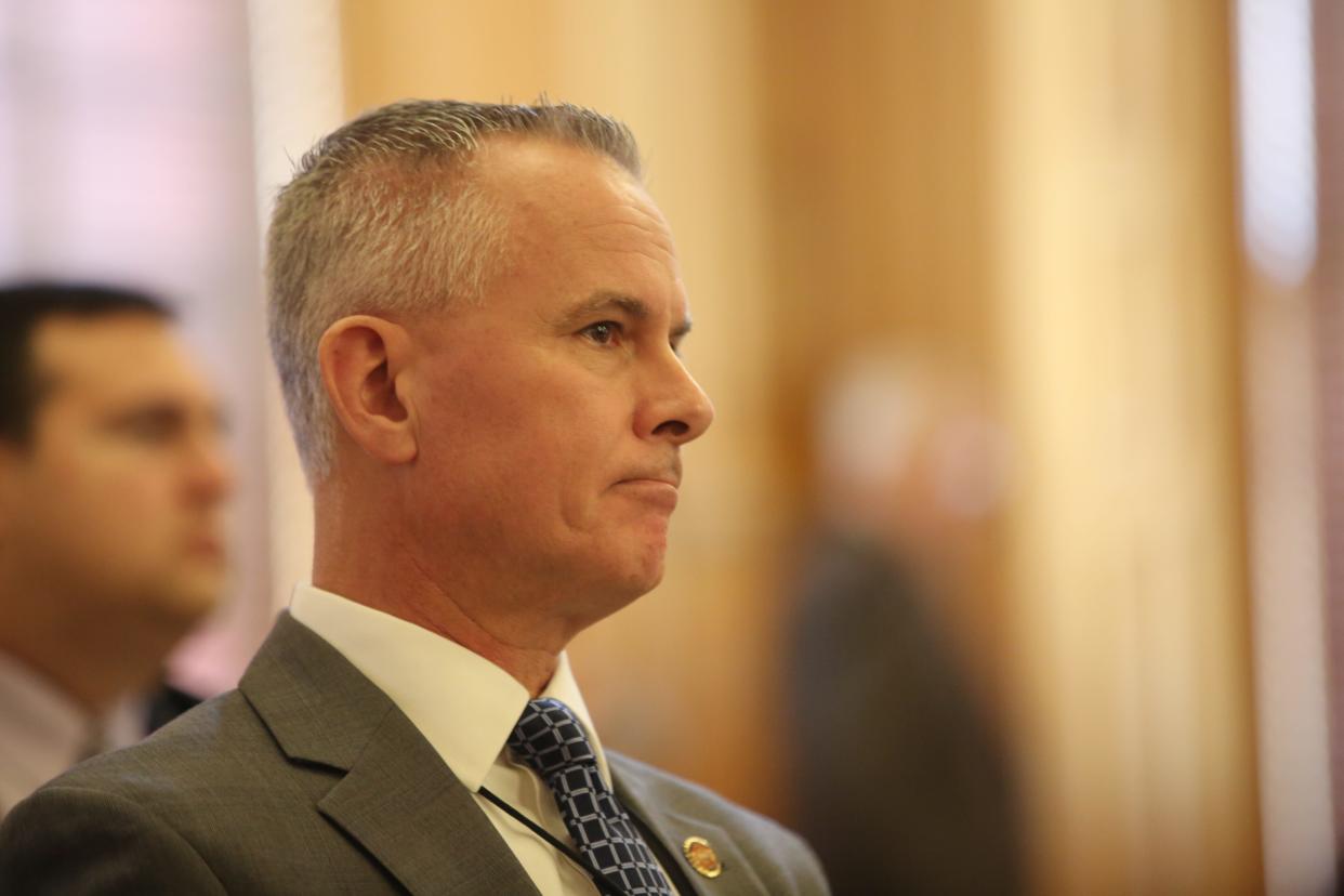 Tony Mattivi, director of the Kansas Bureau of Investigation, sits before speaking at his confirmation hearing Tuesday in the Senate Judiciary Committee.