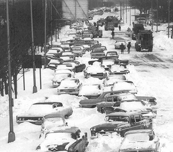 Chicago's Lakeshore Drive was clogged with stranded cars in the wake of the city's record-setting blizzard on January 26 to 27, 1967. Forecasts at the time struggled to predict such events.