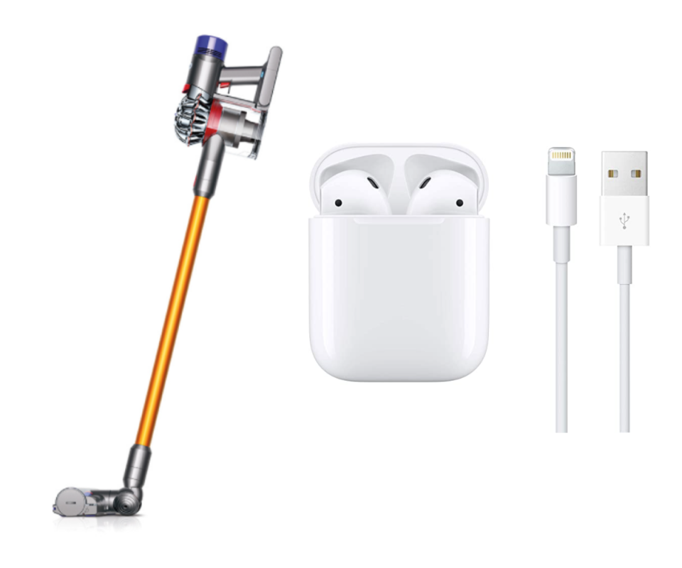 On the left is a Dyson v8 cordless vacuum and on the right are white apple airpods in their case with the lid open and the charging cord next to it on the right, all against a white background.