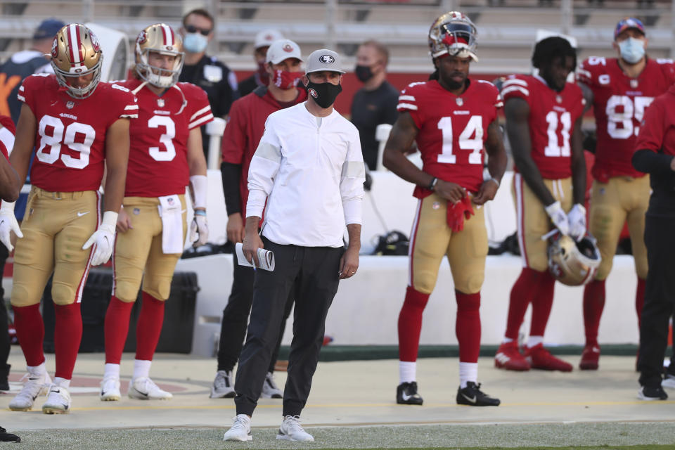 San Francisco 49ers head coach Kyle Shanahan watches from the sideline during the second half of an NFL football game against the Miami Dolphins in Santa Clara, Calif., Sunday, Oct. 11, 2020. (AP Photo/Jed Jacobsohn)