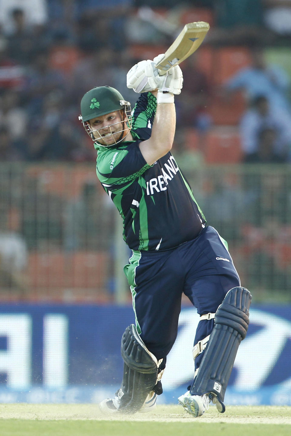 Ireland batsman Paul Stirling plays a shot during their ICC Twenty20 Cricket World Cup match against Zimbabwe in Sylhet, Bangladesh, Monday, March 17, 2014. (AP Photo/A.M. Ahad)