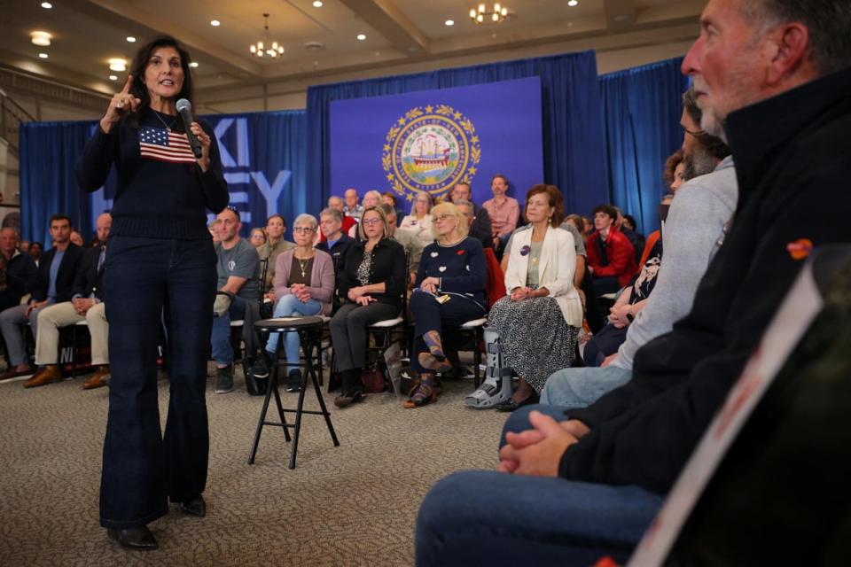 <div class="inline-image__caption"><p>Republican presidential candidate and former U.S. Ambassador to the United Nations Nikki Haley speaks during a campaign town hall meeting in Bedford, New Hampshire, on April 26, 2023.</p></div> <div class="inline-image__credit">Brian Snyder/Reuters</div>
