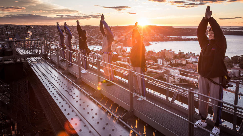 A yoga session was held on top of the Harbour Bridge. Source: Getty Images