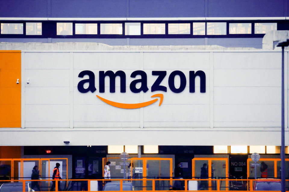 The logo of Amazon is seen at the company's logistics center in Bretigny-sur-Orge, near Paris, France, December 7, 2021. REUTERS/Gonzalo Fuentes