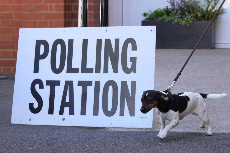 A voter leaves a polling station after casting his vote with his dog in Kingston, London, Thursday, July 4, 2024. Britain goes to the polls Thursday after Prime Minister Rishi Sunak called a general election. (AP Photo/Kin Cheung)