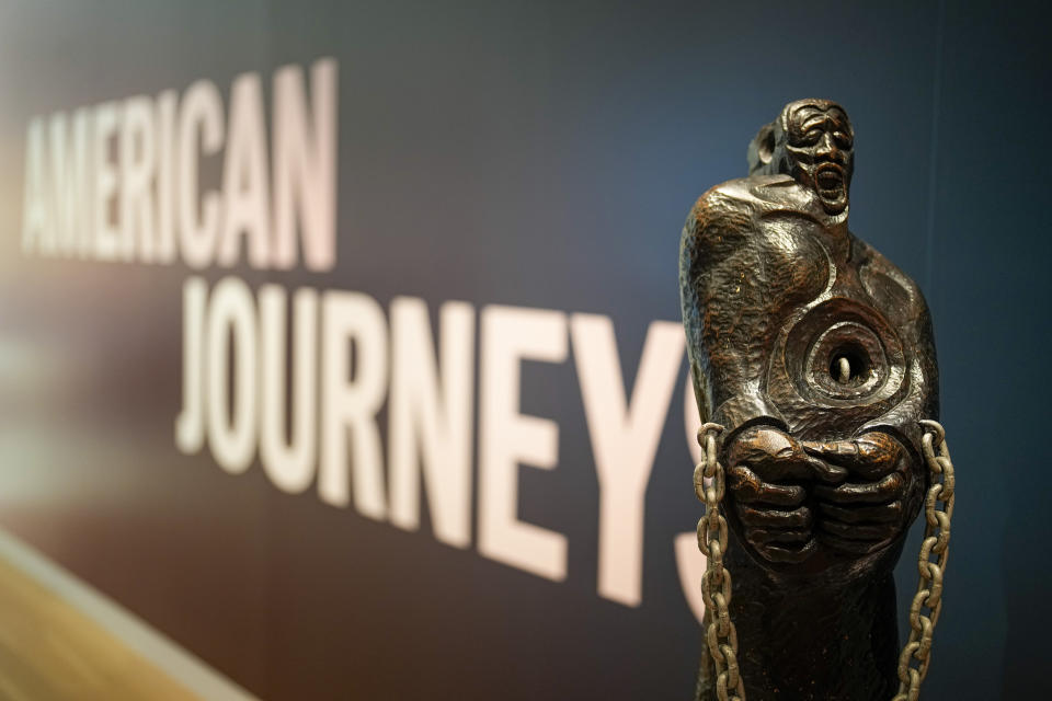 Displays are shown at the opening of the International African American Museum on Friday, June 23, 2023, in Charleston, S.C. Overlooking the old wharf at which nearly half of the enslaved population first entered North America, the 150,000-square foot museum houses exhibits and artifacts exploring how African Americans' labor, perseverance, resistance and cultures shaped the Carolinas, the nation and the world. (AP Photo/Chris Carlson)